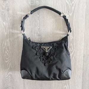 Vintage Prada Tessuto Passamaneria Embroidered Black Tessuto Nylon Shoulder Bag